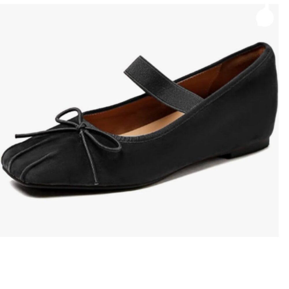 Wo Wagas Black Bows Square Closed Toe Ballet Flats Slip On Elastic Strap Shoes